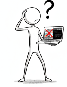 A stick figure looking puzzled while holding a laptop with a cancelled-out webpage on the screen, representing a digital ID-Entity crisis.