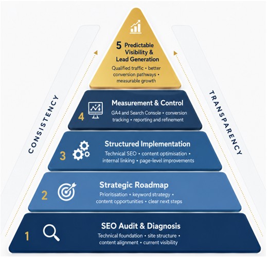 Infographic showing five SEO growth layers: SEO Audit & Diagnosis, Strategic Roadmap, Structured Implementation, Measurement & Control, and Predictable Visibility & Lead Generation.