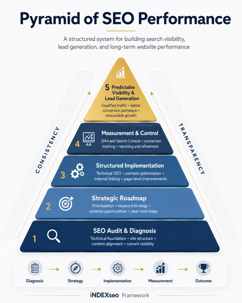 Infographic titled “Pyramid of SEO Performance” showing five SEO growth layers: SEO Audit & Diagnosis, Strategic Roadmap, Structured Implementation, Measurement & Control, and Predictable Visibility & Lead Generation.